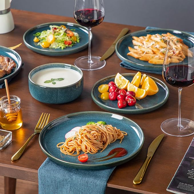 vancasso VEGA Plates and Bowls Sets, 12 Pieces Stoneware Dinnerware Sets Dishes Set Modern kitchen Dishware Sets Service for 4, Dishwasher and Microwave Safe, Blue