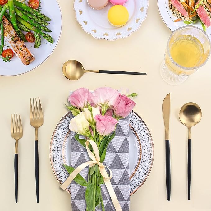 Matte Gold Silverware Set With Black Handle, LAZAHOME Stainless Steel Flatware Cutlery Set Service for 8, 40-Piece Kitchen Utensil Set Include Spoons And Forks Set, Dishwasher Safe.