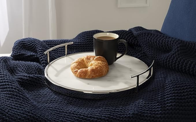 Kate and Laurel Marbury Modern Round Marble Tray; 14 Inch Diameter; Silver; Decorative White Marble Tray for Display and Storage
