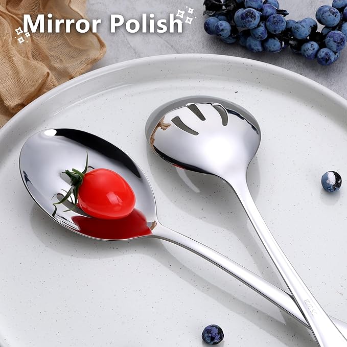 E-far Large Serving Slotted Spoons Set of 4, 9.8 Inch Stainless Steel Serving Utensils Set, Big Buffet Spoons for Party Catering Wedding Kitchen Restaurant, Dishwasher Safe