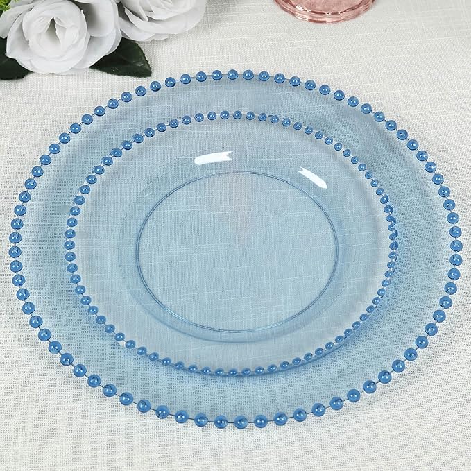 8" Salad Plates - Set of 20 - Plastic Transparent Dusty Blue Round Disposable Dessert Appetizer Plate Beaded Rim, Ideal for Dinner Party Wedding Bulk Events