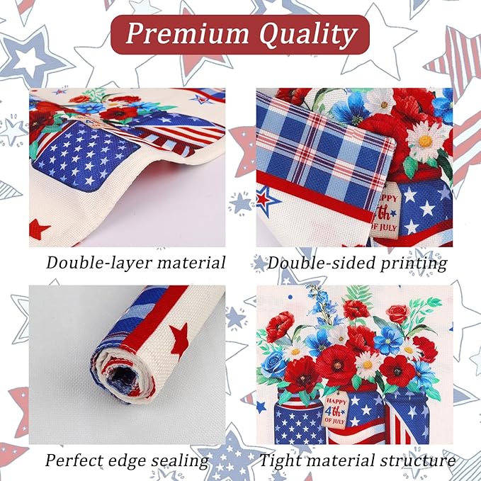 comfoyar Buffalo Plaid Patriotic Placemats Set of 4, 12x18 Inch Non-Slip Linen 4th of July Place Mats, Washable Absorbent Independence Day Flower Table Mats for Kitchen Dining Party Table Decoration