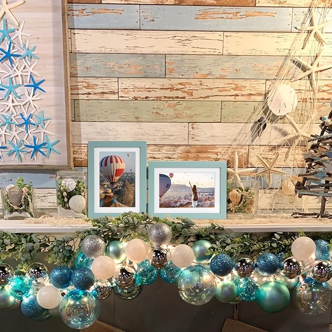 4x6 Double Hinged Picture Frame Folding Photo Frame Vertical and Horizontal in Teal Blue Pine Wood with Real Glass for Tabletop P-LAN-SH46