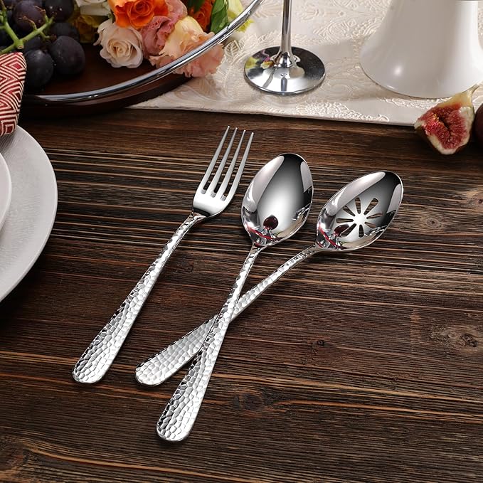 KEAWELL Premium Louise Hammered Serving Spoon Set, 18/10 Stainless Steel, 9" Fine Hostess Utensils With Round Edge, Dishwasher Safe