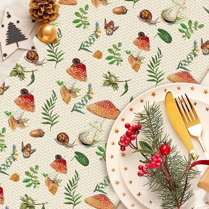 Mushroom Floral Table Runner Seasonal Spring Kitchen Dining Linen Table Decoration for Indoor Outdoor Home Party Decor 13 x 72 Inch