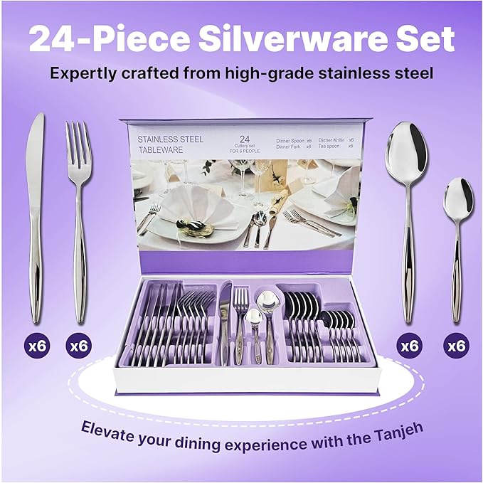 24-Piece Stainless Steel Silverware Set for 6, Mirror-Finish Forks and Spoons Flatware Set, Stylish Kitchen Cutlery Set for Home & Restaurant, Ideal Gift for Family and Friends