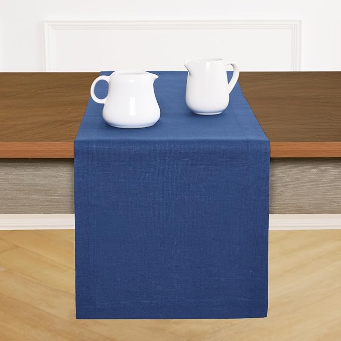 Solino Home Linen Table Runner 108 Inches Long - 100% Pure Linen Indigo Blue Dining Table Runner 14 x 108 Inch for Christmas, Holiday, Winter, New Year - Fete
