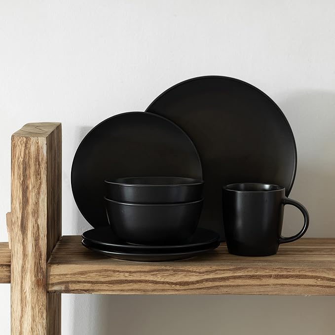 Rimmed Dinnerware Set | Mugs, Salad and Dinner Plates and Bowls Sets, Dishes with Highly Chip and Crack Resistant, Dishwasher and Microwave Safe (Black, Service For 8)