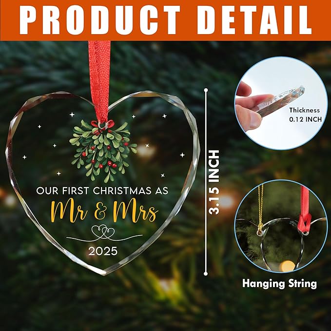 First Christmas Married Ornament 2025 - Wedding Gifts - Mr and Mrs Gifts - Wedding Gift for Couples 2025, Bride, Future Mr and Mrs - Bridal Shower Gift for Married Newlywed - Glass Ornament