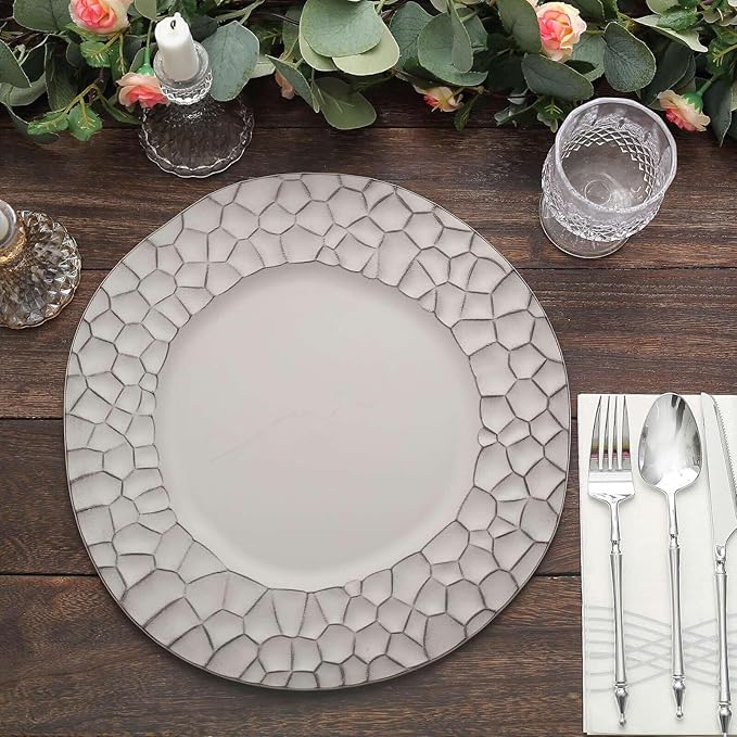 Efavormart 6 Pack | 13" Matte Gray Plastic Hammered Rim Dinner Charger Plates, Decorative Disposable Irregular Round Serving Plates