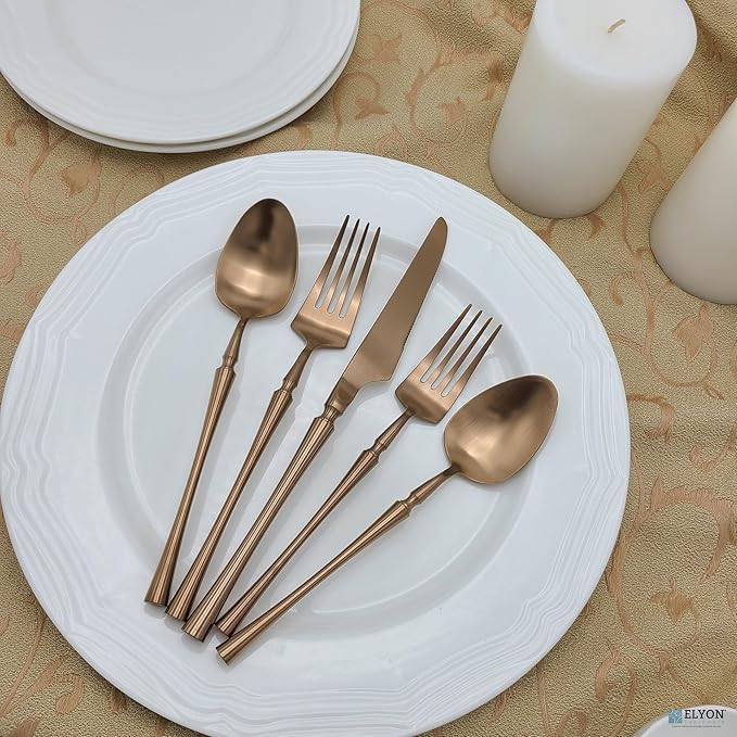 Elyon Noelle 20-Piece Matte Copper Flatware Set, Stainless Steel, Service For 4