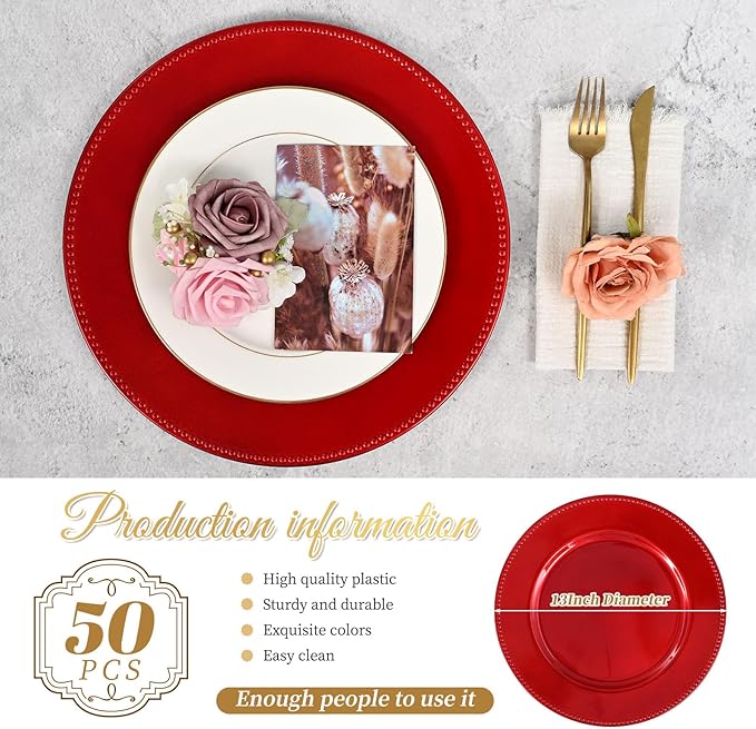 50 Pcs Red Charger Plates Round Charger Plates13 Inch Bulk Wedding Dinner Elegant Reusable Plastic Chargers Plates Wedding Holiday Party Baby Shower Event Christmas Decoration (Red)