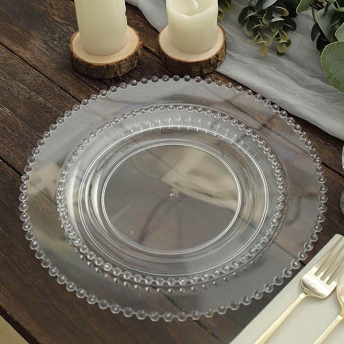 8" Salad Plates - Set of 20 - Plastic Clear Round Disposable Dessert Appetizer Plate Beaded Rim, Ideal for Dinner Party Wedding Bulk Events