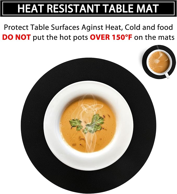 Wipeable Placemats and Coasters Leather Table Mats Waterproof Heat-Resistant Easy to Clean for Dining Table Set Kitchen Table Set of 6, Black