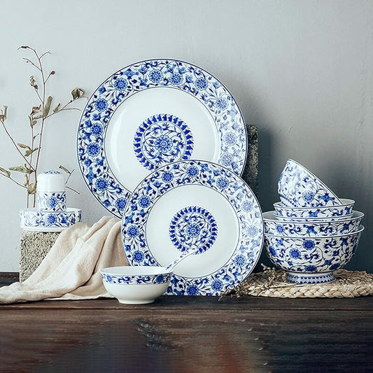 Creativity Ceramics Dinner Sets, 26 Pieces Blue and White Porcelain Dinnerware Set | Gift Box Steak Plate Cereal Bowl and Soup Bowl for Wedding Gifts
