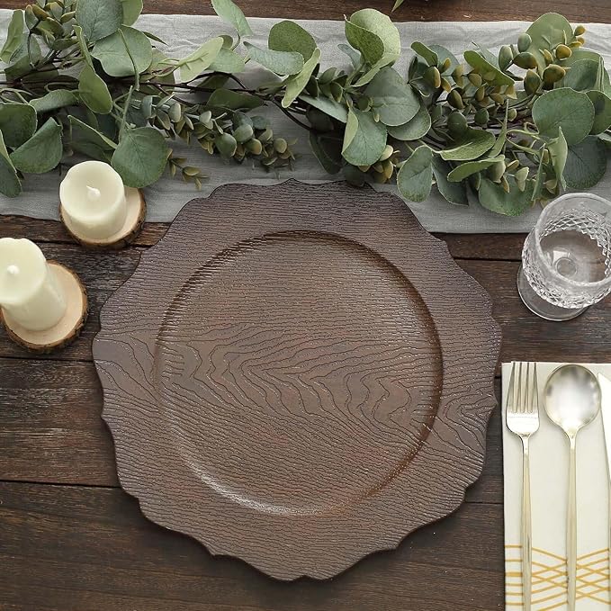 Efavormart 12-Pack Acrylic Charger Plates 13" Round Rustic Brown with Wood Grain Scalloped Rim - Dinner Charger Tableware