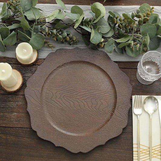 Efavormart 12-Pack Acrylic Charger Plates 13" Round Rustic Brown with Wood Grain Scalloped Rim - Dinner Charger Tableware