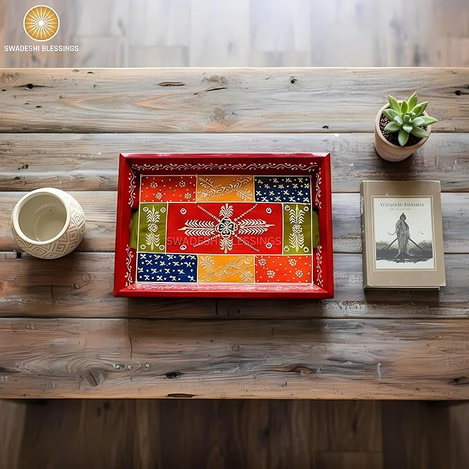 Swadeshi Blessings Handcrafted & Hand-Painted Embossed Wooden Serving Trays Set of 3- for Kitchen/Table & Home Decor/Dinning/Gifts/Restaurants/Living Room/Coffee Table (AntiqueRed)