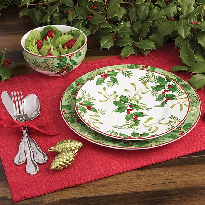 222 Fifth Christmas Foliage 12-Piece Porcelain Dinnerware Set for 4 - Glossy White Plates and Bowls Sets with Green Holly and Berry Design, Durable Ceramic Dish Set for Holiday Dining, Elegant Dishes
