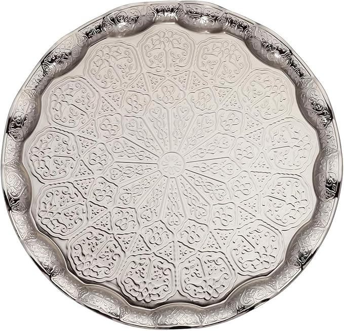 Alisveristime Turkish Ottoman Coffee Tea Serving Tray – 13.60 inches, Metal with Traditional Motifs, Available in Five Colors (Gray)