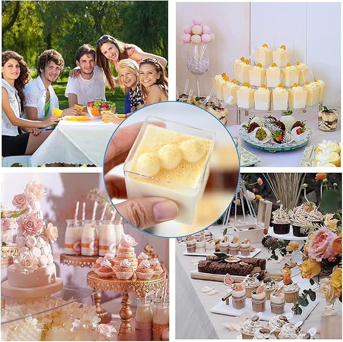 2oz Clear Dessert Cups with Spoons, 50Pcs Reusable Mini Square Dessert Cups, Mini Transparent Appetizers Serving Bowl for Desserts Mousses,Puddings