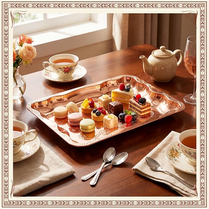 4 Pack Rose Gold Serving Trays Set for Party, Butterfly Floral Rose Gold Platter Engraved Mirror Tray, 15.8 x 11.6 Inches Elegant Metal Plate for Christmas Food Appetizer Cookies Desserts