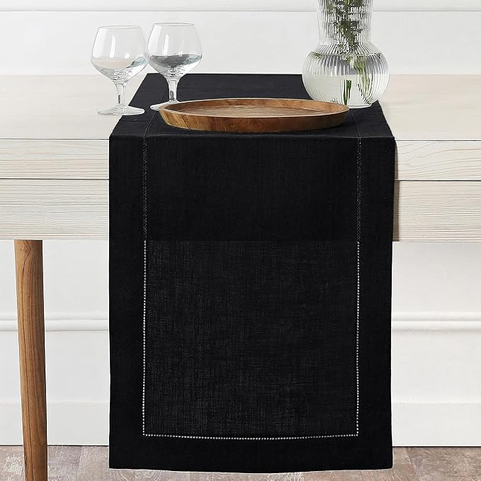 D'Moksha Homes Linen Black Table Runner 36 Inches - 100% Pure Linen Small Table Runner 14 x 36 Inch Ideal for Dresser, Coffee Tables, Winter, Christmas, Holiday, New Year - Classic Hemstitch
