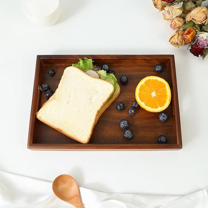 Premium Durable Rectangular Wooden Tray with Handle 12"-100% Natural Walnut Wood Serving Platter for Coffee Table-Great Ottoman Tray Home Decor Plates for Breakfast & Dining