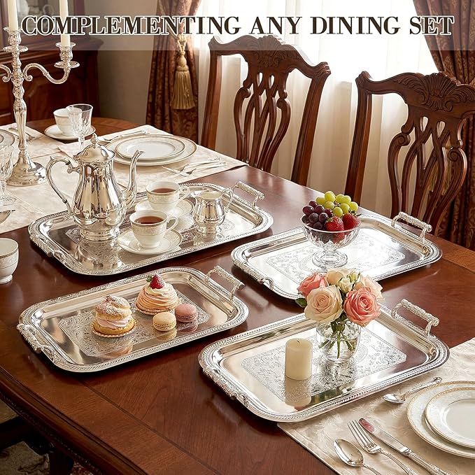 4 Pack Stainless Steel Serving Tray with Handle, 16 x 11.4 Inch Large Silver Plate Elegant Floral Metal Platter Tableware for Buffet Wedding Birthday Decorative