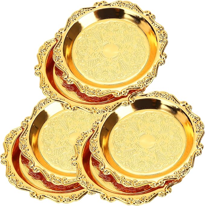 6pcs Serving Tray Set, 4in Small Vintage Decorative Round Metal Platters, Reusable Serving Dishes Party Appetizer Tray for Snack Fruit Sushi Buffet, Golden