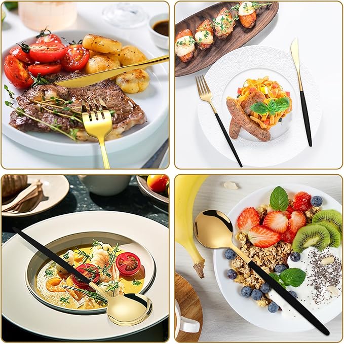 Kawlity Stainless Steel Serving Flatware Durable Black & Gold Polished Knives Spoon Forks 30 Pcs Utensil Dinner Tableware, for Kitchen Dishwasher Adults and Children Ideal Gift