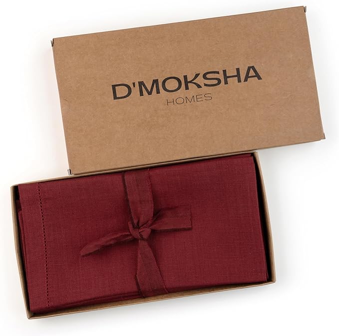 D'Moksha Homes Dark Red Linen Napkins Set of 4 - Classic Hemstitch 100% Pure Linen Hemstitch Dinner Napkins 20 x 20 Inch for Winter, Christmas, Holiday, New Year - Handcrafted and Machine Washable