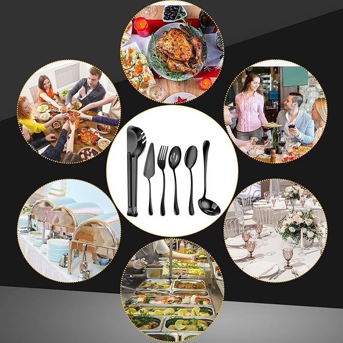 Thenshop 30 Pcs Stainless Steel Serving Utensils Set Flatware Set Include Large Serving Spoons Slotted Spoons Forks Soup Ladle Pie Server and Tongs for Buffet Party(Black)