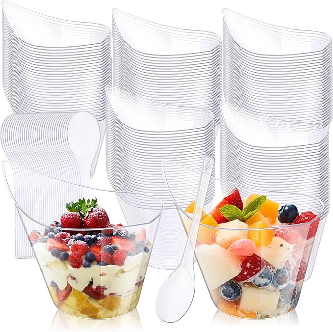tchrules 100 Packs 7oz Dessert Cups with 100 Spoons, Yogurt Parfait Bowls for Parties, Clear Plastic Appetizer Cups,for Fruit Chocolate Pudding and Ice Cream