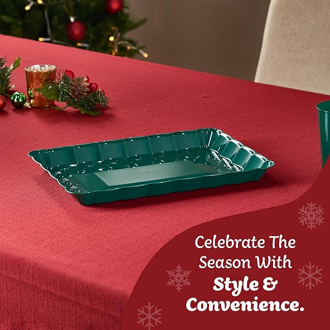 Plasticpro Plastic Christmass Green Serving Trays - Serving Platters Rectangle 9X13 Disposable Party Dish Includes 12
