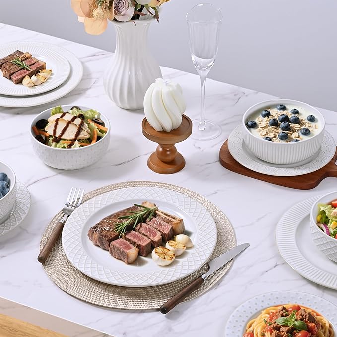 4 Different Embossed Ceramic Dinnerware Set for 4 - Arctic White Vintage Plates & Bowls Set 12 Piece - Microwave & Dishwasher Safe Porcelain Chip Resistant Handmade Dishware Set Kitchen Gift
