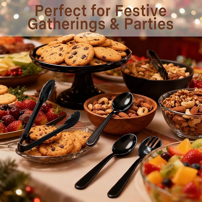 24 Pcs Black Serving Utensils Set For Parties - 8 Tongs, 8 Spoons, 8 Forks - Heavy Duty Plastic Disposable Serving Utensils Set for Buffet, Wedding, Holiday Events Catering Supplies