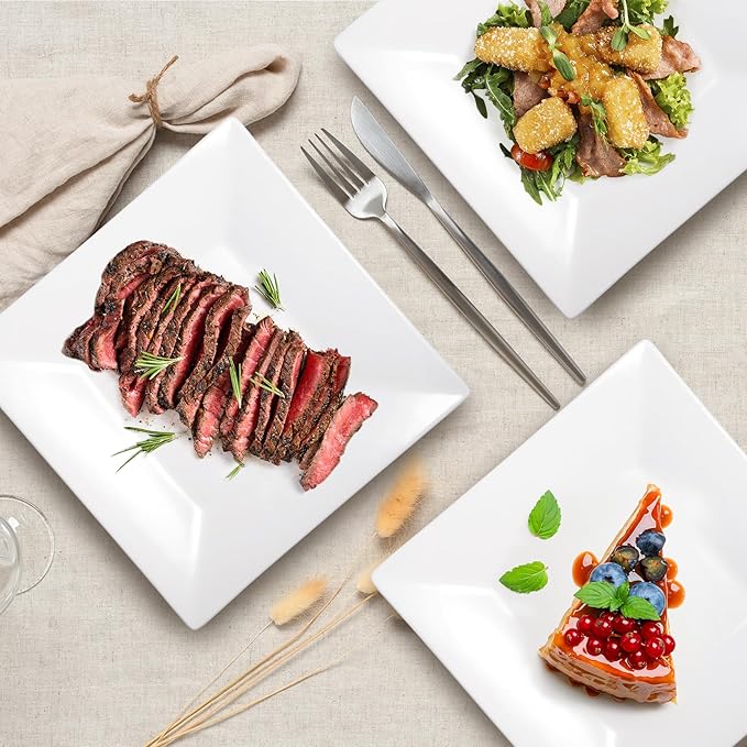 Appetizer Plates Set of 6,10 Inch Porcelain Square Dinner Plates,White Salad Plates,Square Serving Plate for Steak,Pasta,Dessert, Scratch Resistant, Microwave and Dishwasher Safe