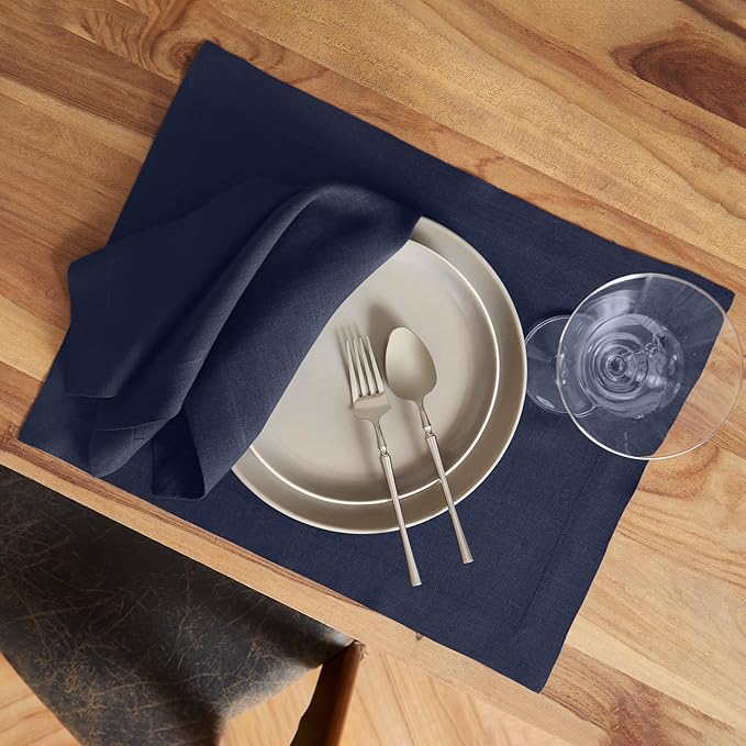 Solino Home Linen Placemats Set of 6 - Indigo Navy Placemats 14 x 19 Inch - 100% Pure Linen Table Place Mats for Winter - Sonoma