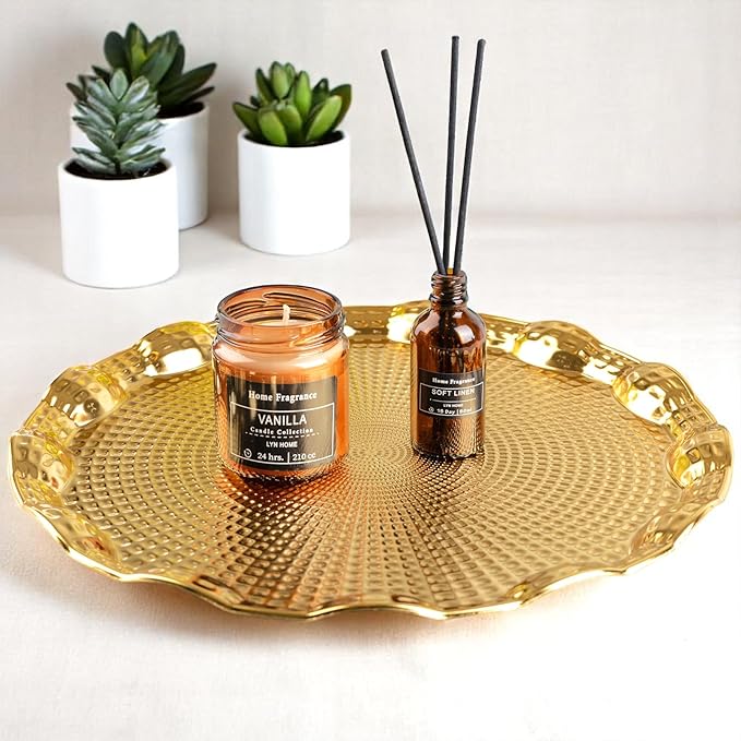 Alisveristime Round Metal Serving Tray for 6 – Ottoman Motif, (13.8" Diameter, 17.5 oz) (Gold)