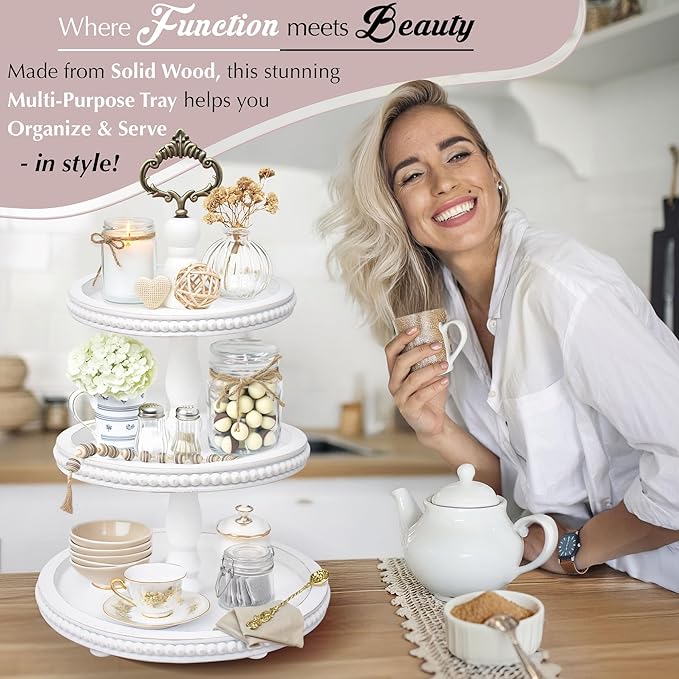 [3-in-1] Wooden Tiered Tray Stand - Beaded 3 Tiered Tray Decor Wood Cupcake Stand for Farmhouse Country Rustic Home - 3 Tier Stand [with 3 Changeable Handles] by Felt Creative Home Goods (White)