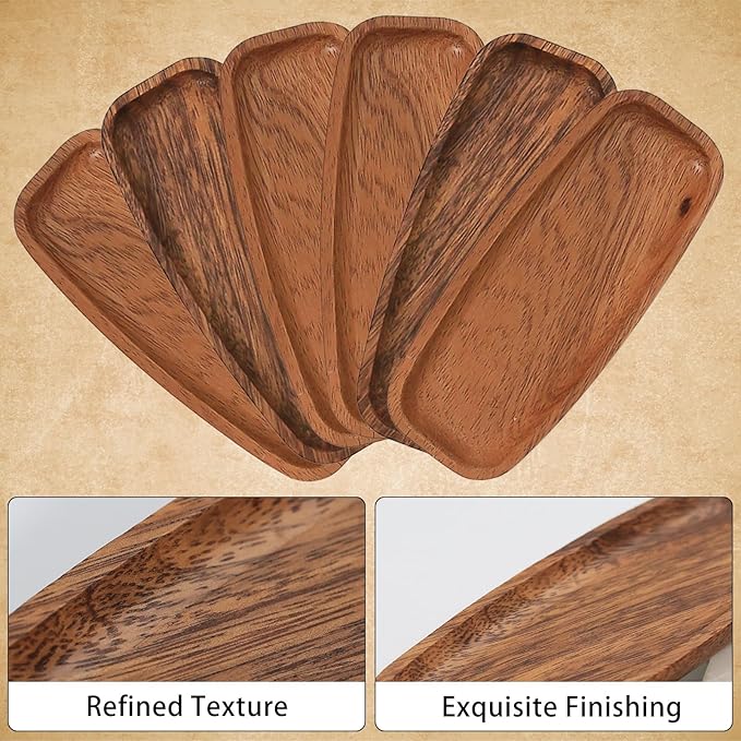 Mini Wooden Serving Platters and Trays, Solid Acacia Wood Oval Serving Tray for Food/Snacks/Appetizer, Wooden Trays for Jewelry, also as Mini Charcuterie Board and Cheese Platter (6 PCS)