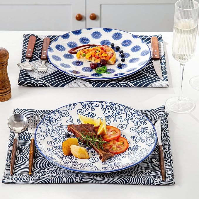 Ceramic Dinner Plates Set - 10.5 Inch Large Kitchen Porcelain Salad Serving - Scratch Resistant Microwave Oven Dishwasher Safe - Dishes for Pizza Pancakes Pasta Steak - Set of 6 - Vintage Blue