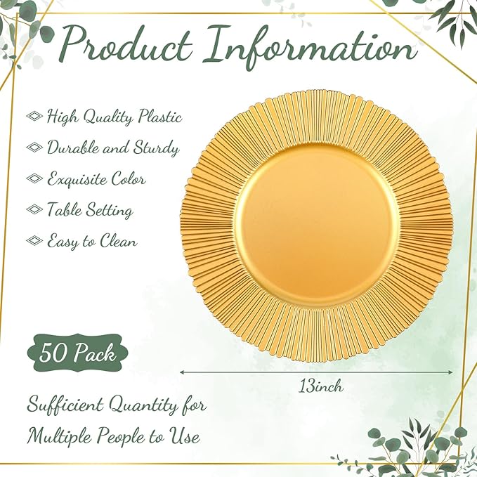 Yaomiao 50 Pcs 13 Inch Gold Charger Plates Bulk Plastic Plates Chargers Round Dinner Chargers for Wedding Party Table Setting Bridal Shower Event Decor (Gold)