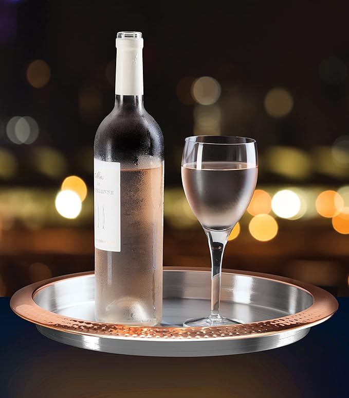 OGGI Round Stainless Steel Tray with Copper Rim 14" - Ideal for Coffee Table, Decorative, Tea and Bar Serving