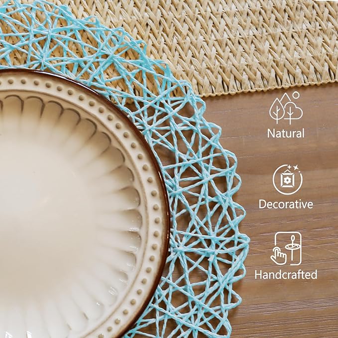 AHHFSMEI Paper Braided Round Placemats Set of 6 Natural Non-Slip Heat Resistant Table Mats for Dining Tables Woven Indoor Outdoor Place mats(Light Blue)