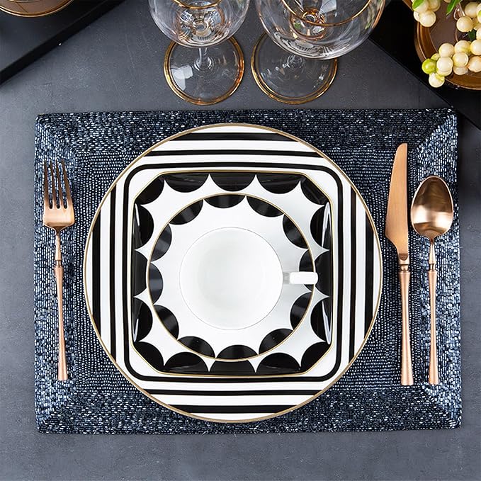 gold trim dinnerware set service for 6, 24 pieces black and white ceramic plate set, bone china plate and cup sets for hotel, birthday, Mother's Day