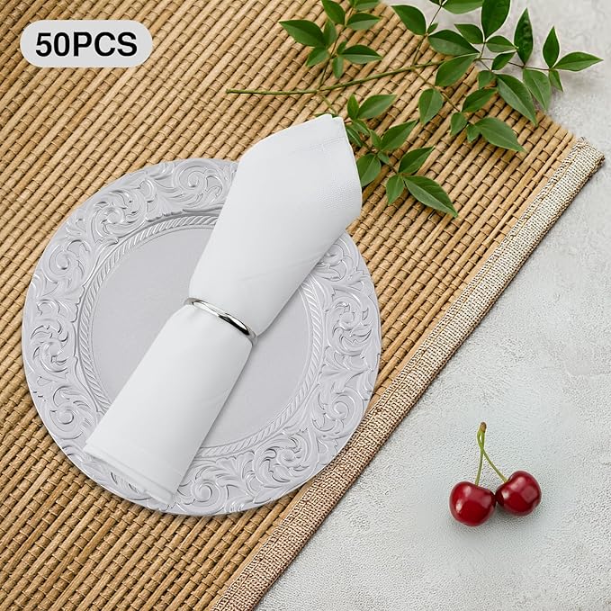 50 Pcs Antique Charger Plates Bulk Round Plastic Dinner Plate Embossed Rim Server Plate Decorative Chargers Floral Plates for Dinner Parties Wedding,13 Inch (silver-50pcs)
