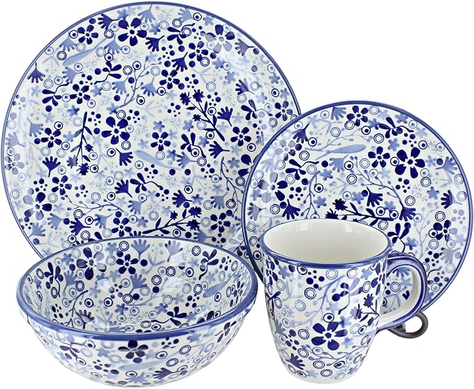 Blue Rose Polish Pottery - Blue Darcy 16 Piece Dinner Set - 4 Place Settings - Great for Everyday Dining, Casual Dining, or as Formal Dinnerware