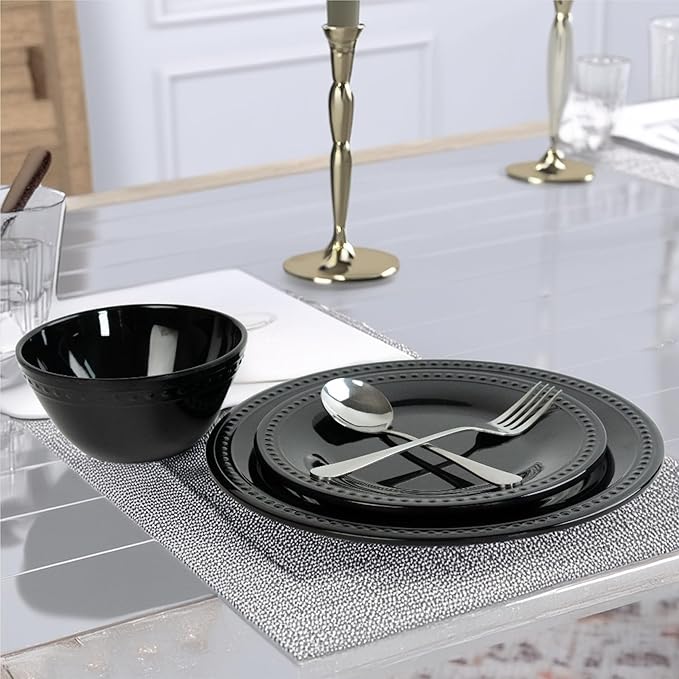 Black Melamine Dinnerware Sets of 12 Pcs, BPA Free Dishes Set, Plates and Bowls Sets for Indoor Outdoor Dining on the Beach, RV, Camping Use,Lightweight Unbreakable Dishwasher Safe